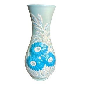 Vintage Holland Mold Hand Painted Ceramic Vase W/ Blue & White Daisies Signed PS